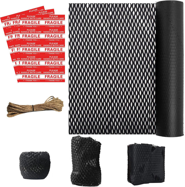 Black Honeycomb Packaging Wrap with Jute Twine and Fragile Stickers Moving Packaging Filler Black Packing Paper for Safe Moving and Storage, Honeycomb Paper Roll Black, 19.7"x1181", 50CMx30M