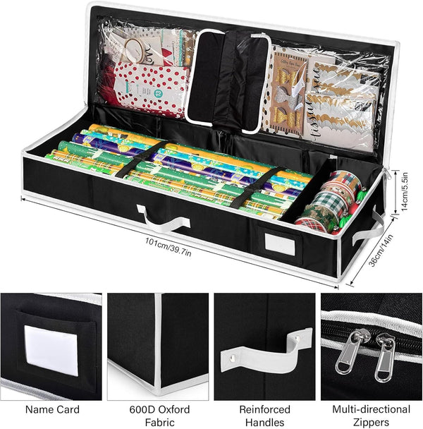 Gift Wrapping Paper Storage Organizer Storage Containers, Fits 18-24 Rolls, Underbed Storage with Extra Pockets for Wrapping Paper Holder for Christmas Gift Wrap and Holiday Decorations, Black