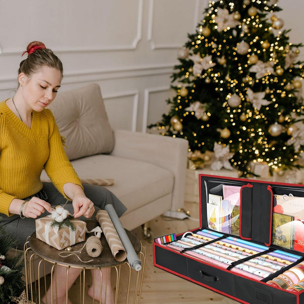 Christmas Wrapping Paper Storage Containers, 40" Durable 600D Oxford Fabric Gift Wrap Organizer with Adjustable Partitions and Multiple Pockets for Ribbons, Ornaments, and Holiday Accessories,Black